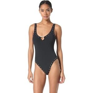 NWT Michael Kors Women's Crepe Ring Front One Piece Swimsuit Black Sz 6 $142